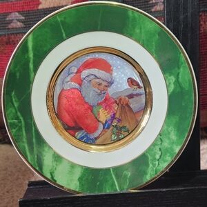 Vintage Dufex 24k Gold Trim 6” Green Christmas Plate Santa & Bag Of Toys & Bird.